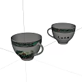 Traditional Porcelain Tea Cups Featuring Landscape Painting Green Border And Chinese Calligraphy