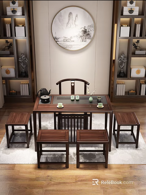 Chinese Style Tea Table and Chairs with Teapot Teacups in Traditional Interior with Bookshelves 3d model 