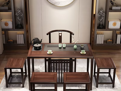 Chinese Style Tea Table and Chairs with Teapot Teacups in Traditional Interior with Bookshelves 3d model