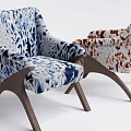 Modern Accent Chairs With Blue White And Brown White Patterned Upholstery And Wooden Curved Legs