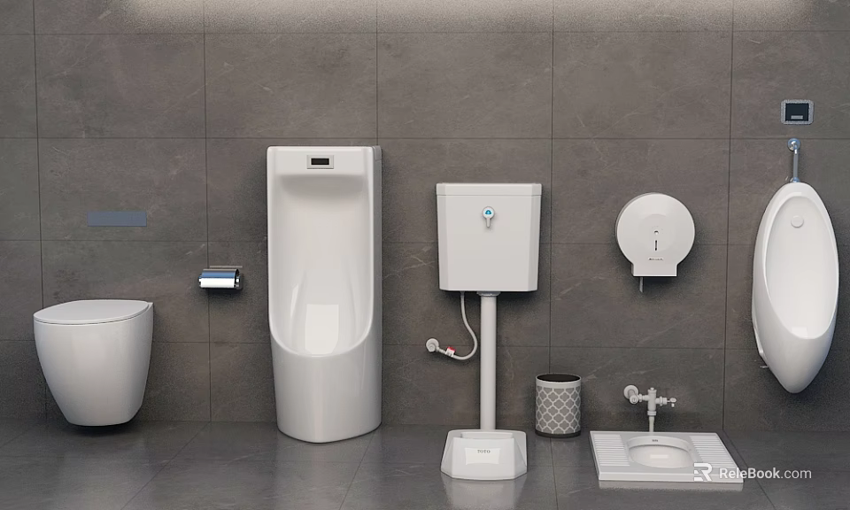 Modern Minimalist Bathroom Fixture Set With Toilet Bowl Urinal Squatting Pan Flush Tank And Accessories 3d model 
