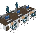 Long Wooden Office Desk With Multiple Computers And Blue White Rolling Chairs