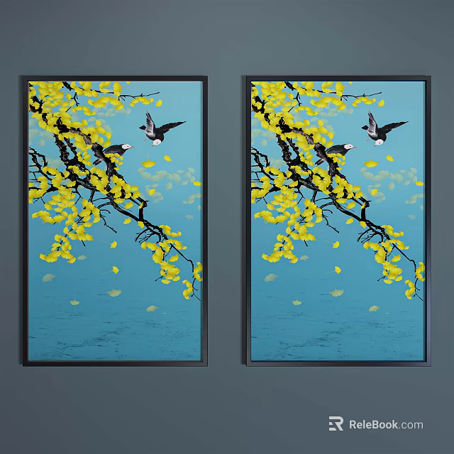 Decorative Wall Art With Yellow Flowers Black Branches And Birds On Blue Background 3d model 