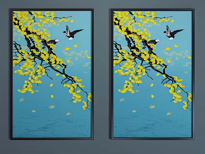 Decorative Wall Art With Yellow Flowers Black Branches And Birds On Blue Background 3d model