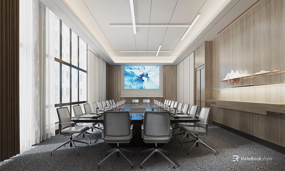 Modern Conference Room Interior Design With Long Table Large Screen And Comfortable Chairs 3d model