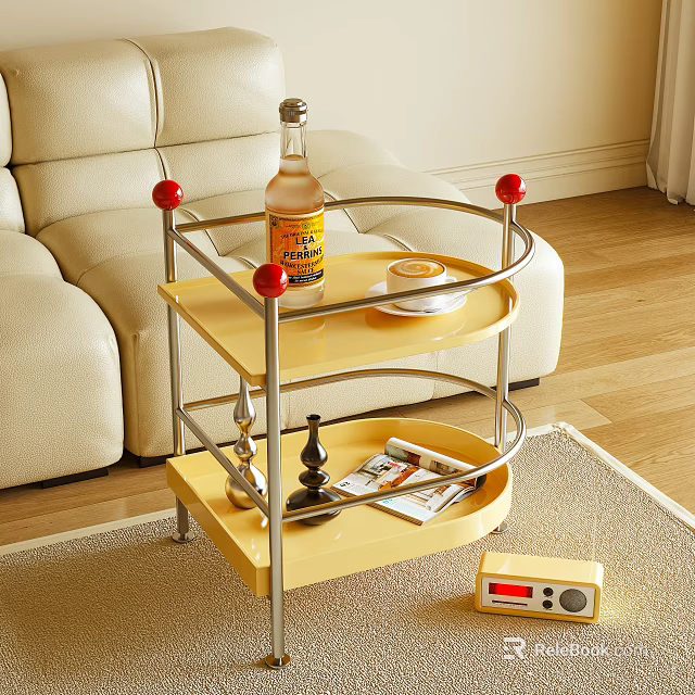 Yellow Two Tier Side Table With Bottle Cup Magazines And Decorative Items In Living Room 3d model 