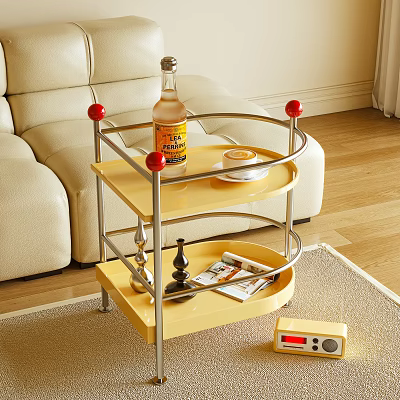 Yellow Two Tier Side Table With Bottle Cup Magazines And Decorative Items In Living Room 3d model