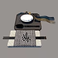 Traditional Ceramic Teacup with Spoon Chopsticks and Tassel on Gray Tray with Geometric Mat