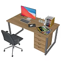 Wooden Office Desk With Computer Monitor Keyboard Mouse Pen Holder Books And Magazine