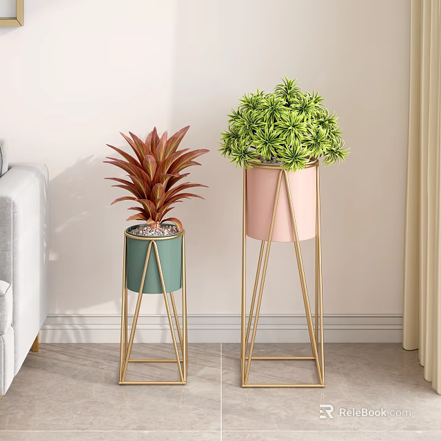 Ornamental Plant Set With Red Green Leaf Plants Green Pink Pots And Golden Metal Stands For Indoor Home Decor 3d model 