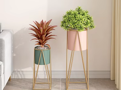 Ornamental Plant Set With Red Green Leaf Plants Green Pink Pots And Golden Metal Stands For Indoor Home Decor 3d model