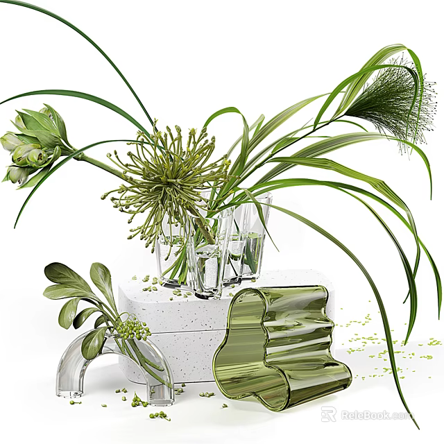 Decorative Glass Vases With Green Plants And Spherical Blooms On White Pedestal 3d model 
