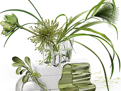 Decorative Glass Vases With Green Plants And Spherical Blooms On White Pedestal 3d model