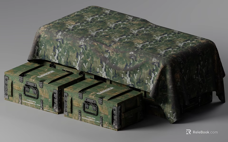 Military Weapons Storage With Camouflage Cloth Covered Green Crates And Latches 3d model 