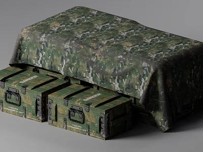 Military Weapons Storage With Camouflage Cloth Covered Green Crates And Latches 3d model