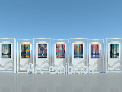 Outdoor Art Exhibition Wall With White Wavy Frames And Colorful Paintings 3d model