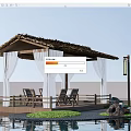 Traditional Thatched Roof Pavilion with White Curtains Wooden Chairs and Water Pool Surroundings