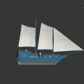 Wooden Model Sailing Ship With White Sails And Blue Steamship On Blue Platform