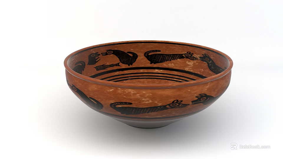 Brown Ceramic Bowl With Multiple Black Animal Figures And Decorative Patterns 3d model