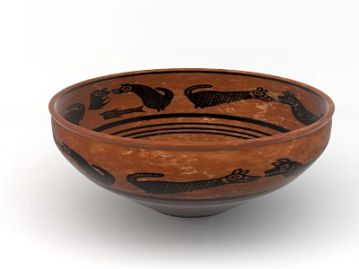 Brown Ceramic Bowl With Multiple Black Animal Figures And Decorative Patterns 3d model