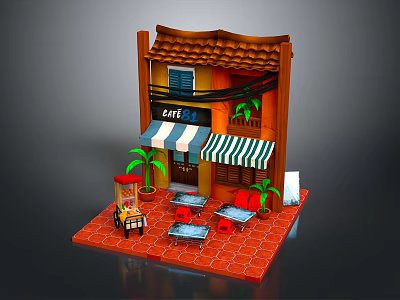 Charming Cafe Facade Design With Striped Awning Outdoor Tables And Potted Plants 3d model