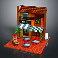 Charming Cafe Facade Design With Striped Awning Outdoor Tables And Potted Plants