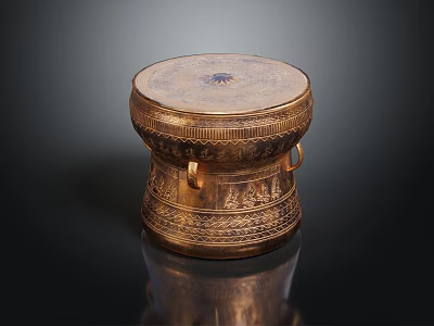 Golden Musical Instrument Drum With Artistic Carved Decorations And Ornamental Patterned Top 3d model