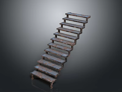 Industrial Style Metal Frame Stairs With Wooden Steps And Worn Texture On Gray Background 3d model