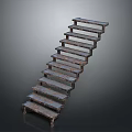 Industrial Style Metal Frame Stairs With Wooden Steps And Worn Texture On Gray Background