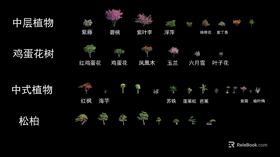 Diverse Ornamental Shrubs In Garden Landscape With Purple Plum Peach Blossom And June Snow 3d model 
