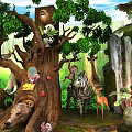 Jungle Themed Animal Display With Waterfall Volcano Trees And Various Wildlife