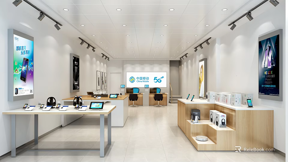 Modern Digital Store Interior With Headphones Tablets Laptops Display Counters And 5G Service 3d model