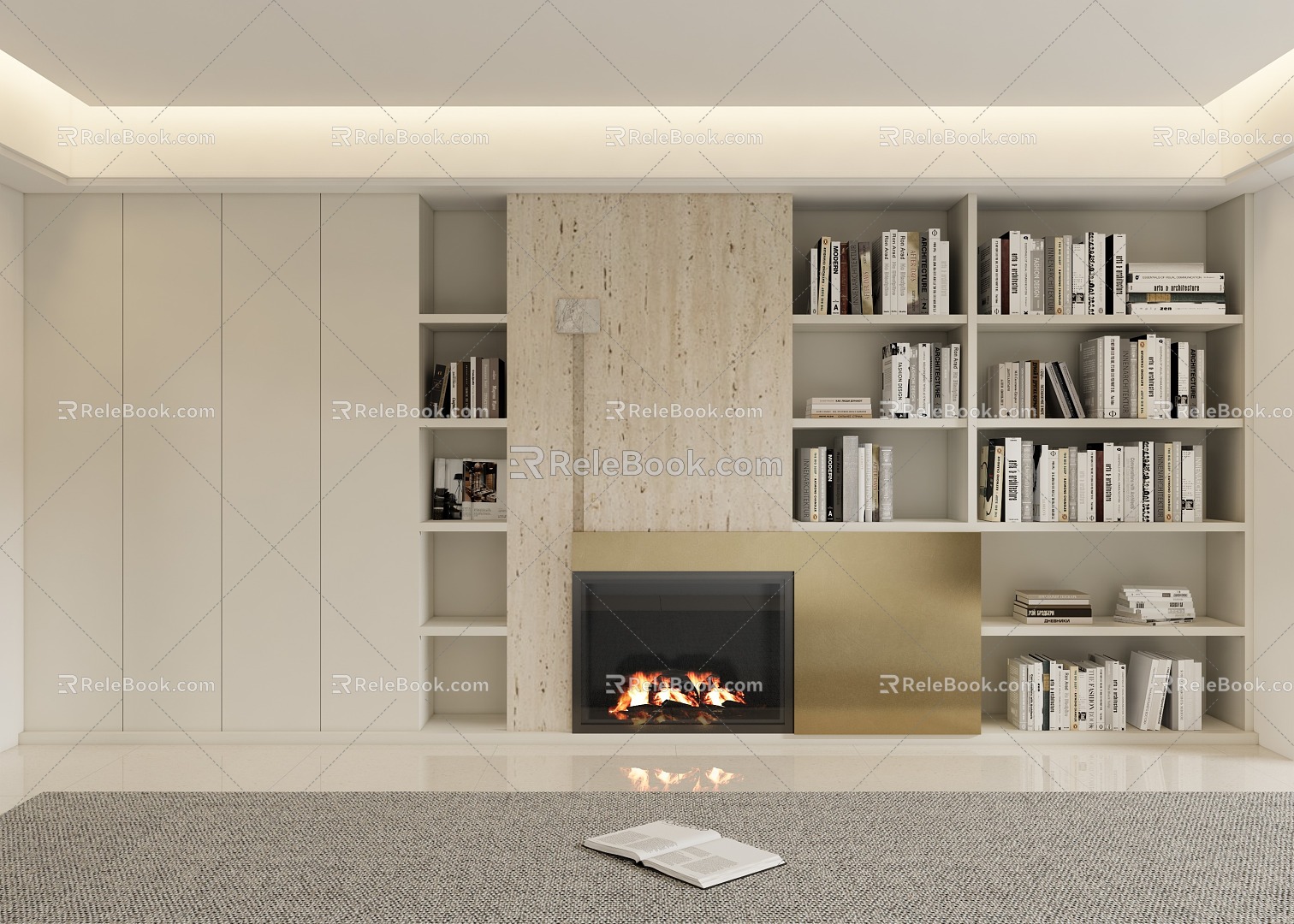 Modern living room background wall bookcase fireplace model