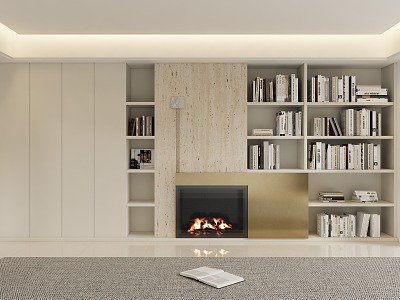 Modern living room background wall bookcase fireplace model