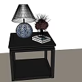 Blue and White Patterned Table Lamp With White Shade On Black Side Table and Red Plant 3d model
