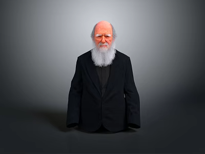 Elderly Man With Bald Head And Long White Beard In Black Suit Against Gray Background 3d model