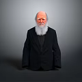 Elderly Man With Bald Head And Long White Beard In Black Suit Against Gray Background