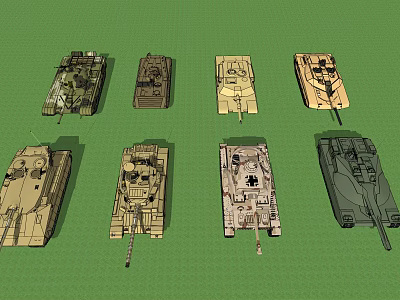 Collection Of Various Tank Models On Green Background 3d model