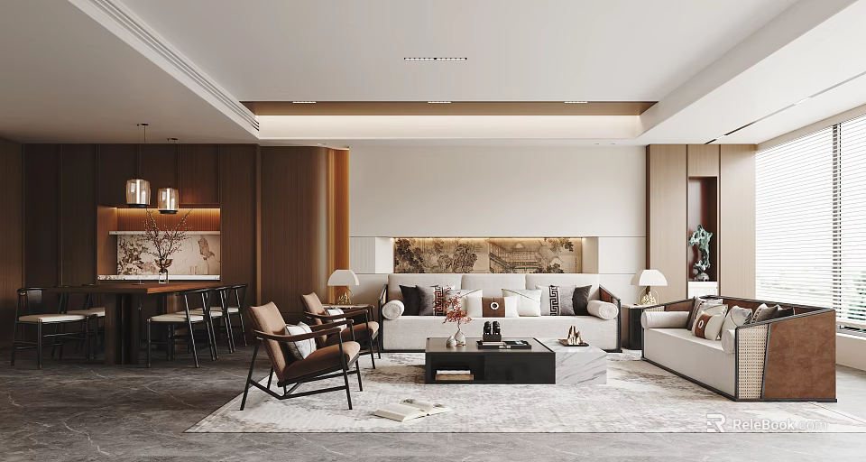 Modern Dining Living Room Interior Design With White Sofa Coffee Table And Wooden Elements 3d model 