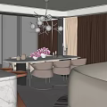 Luxurious Restaurant Dining Area With Round Marble Table Pink Chairs And Crystal Chandelier