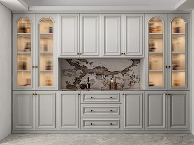 Modern White Wine Cabinet With Glass Doors Brass Handles Marble Countertop And Lighting 3d model