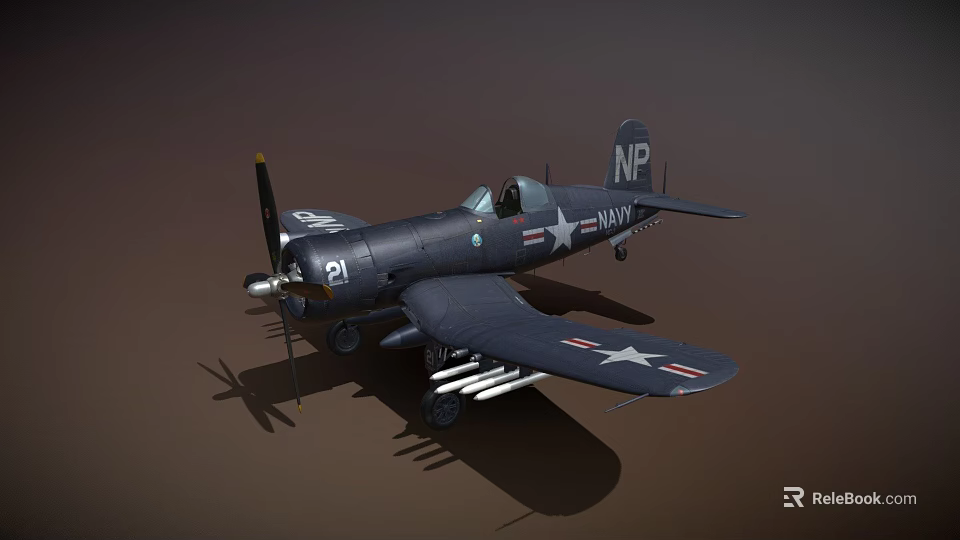 Dark Blue Military Airplane With US Navy Stars NP Tail Marking And Bombs Under Wings 3d model 