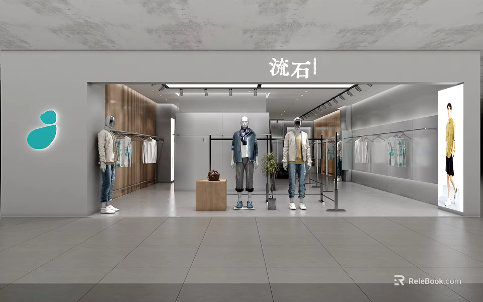 Modern Fashion Clothing Store Interior With Mannequins Hanging Apparel And Display Racks 3d model 