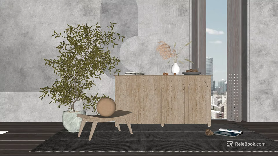 Modern Wooden Entryway Cabinet With Green Plant Vase Decorative Ball And City View 3d model 