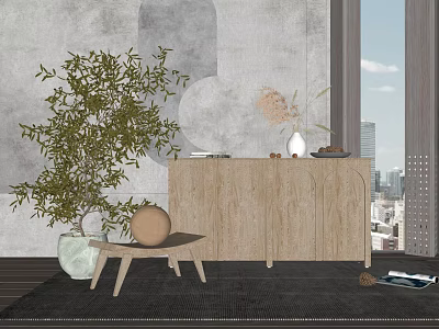 Modern Wooden Entryway Cabinet With Green Plant Vase Decorative Ball And City View 3d model