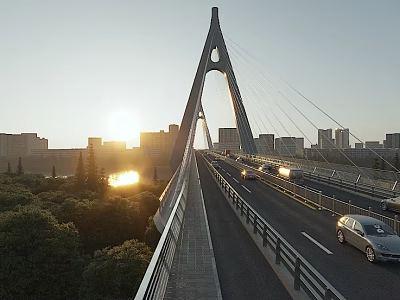 Modern Cable Stayed Bridge at Sunset with Urban Skyline Tower Cables Trees and Moving Cars 3d model