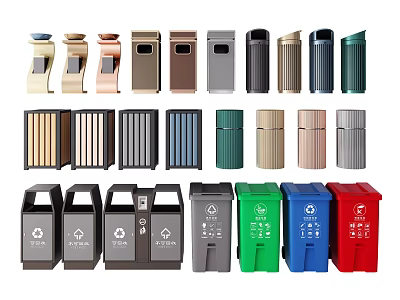Public Trash Bins With Various Designs And Different Colors For Waste Management 3d model
