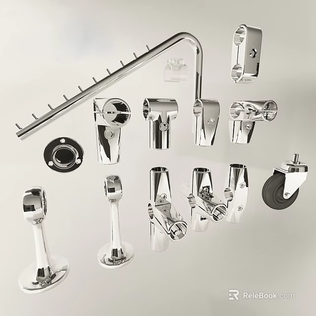 Various Chrome Plated Metal Hardware Parts With Hooks Wheels And Fittings 3d model 