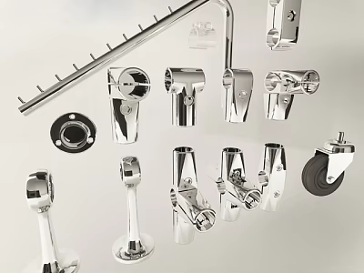 Various Chrome Plated Metal Hardware Parts With Hooks Wheels And Fittings 3d model