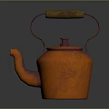 Vintage Copper Teapot With Wooden Handle On Dark Shiny Surface